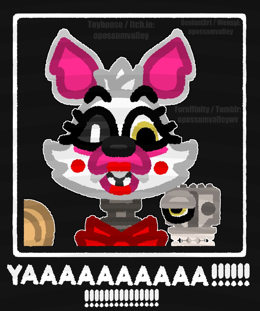 anthro blush blush_stickers female front_view fur humor lipstick looking_at_viewer machine makeup multicolored_body sharp_teeth solo teeth text two_tone_body white_body white_fur yellow_eyes opossumvalley five_nights_at_freddy's five_nights_at_freddy's_2 scottgames mangle_(fnaf) animatronic canid canine mammal robot english_text hi_res meme