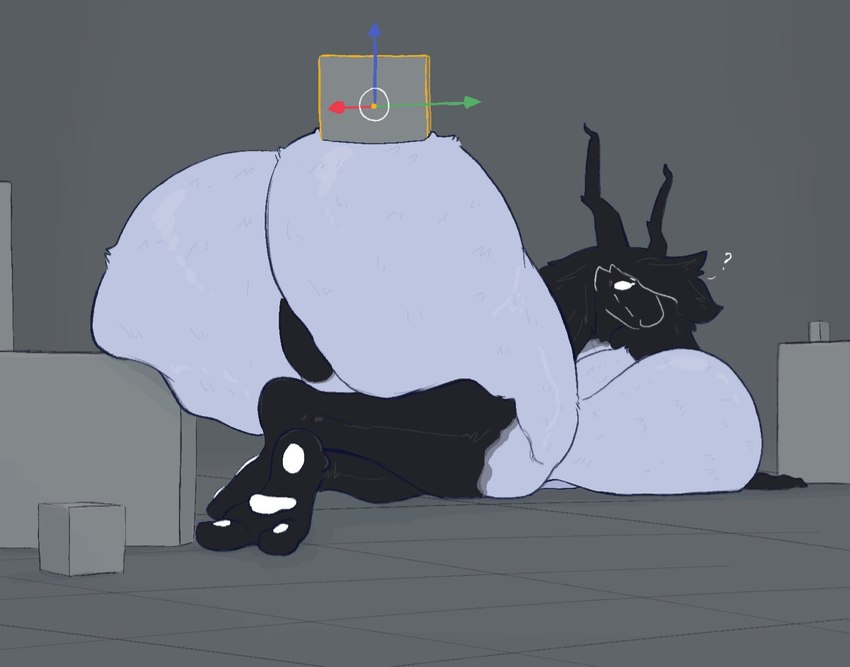 2_toes 2d_on_3d anthro big_breasts big_butt black_body black_feet black_fur black_horn breasts butt crossed_legs cube_(object) feet female fur horn hyper looking_back lying multicolored_body multicolored_fur object_on_butt on_front on_ground pawpads question_mark rear_view simple_background solo toes two_tone_body two_tone_fur white_body white_butt white_eyes white_fur white_pawpads itisd9 blender_(copyright) default_cube_(blender) shiona_(itisd) ambiguous_species 2024