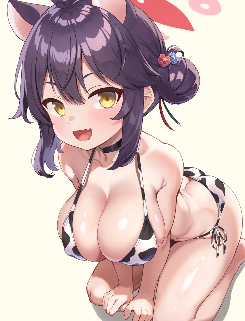 animal_print big_breasts bikini blush breasts butt cleavage clothed clothing cow_print female hair kneeling purple_hair side-tie_bikini solo string_bikini swimwear two-piece_swimsuit sonaokun2 blue_archive kaede_(blue_archive) animal_humanoid cat_humanoid felid felid_humanoid feline feline_humanoid humanoid mammal mammal_humanoid absurd_res hi_res