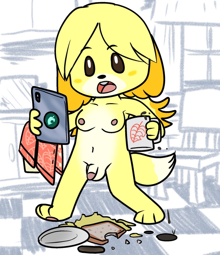 anthro balls beverage bread breakfast breasts casual_nudity chair clothing coffee coffee_mug food fried_egg furniture genitals gynomorph intersex kitchen meat nipples nude penis sausage solo spilled_drink spilled_food tablet toast window raiettei_(artist) animal_crossing nintendo isabelle_(animal_crossing) canid canine canis domestic_dog mammal hi_res