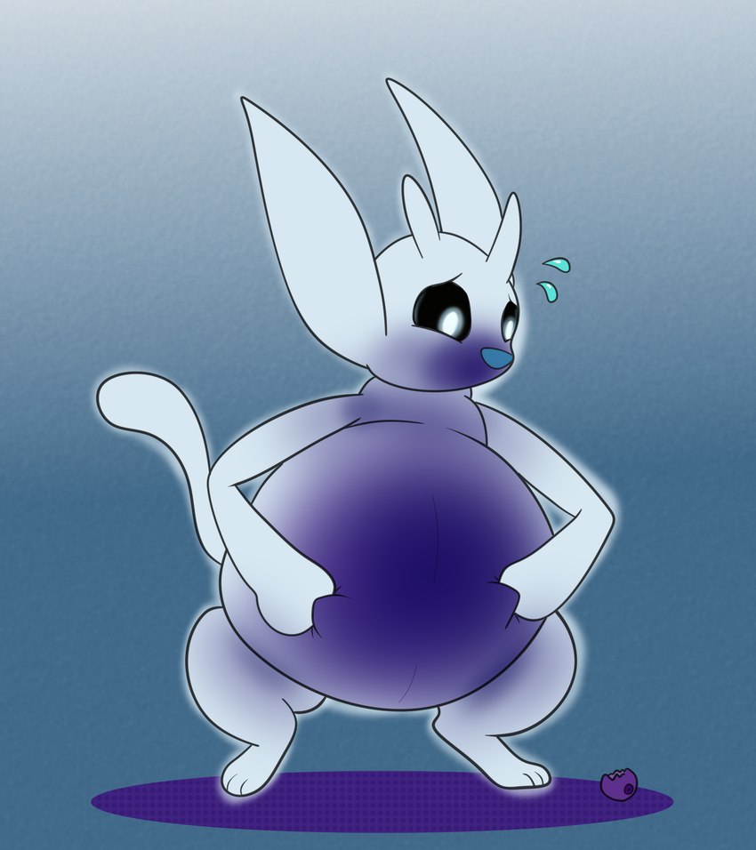 ambiguous_gender anthro belly belly_expansion belly_grab belly_squish big_belly black_sclera blue_background blue_body blue_nose blueberry_(fruit) blueberry_inflation bodily_fluids changing_color expansion food fruit glowing glowing_body glowing_eyes glowing_tail hand_on_belly hand_on_own_belly huge_belly inflation looking_down looking_down_at_self plant simple_background solo squish sweat sweatdrop swelling tail white_body white_ears white_eyes white_tail worried alvro microsoft moon_studios ori_(series) xbox_game_studios ori_(ori) guardian_spirit 2024 colored digital_media_(artwork) hi_res