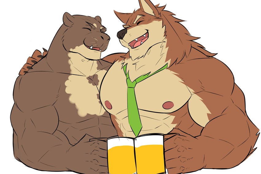 5_fingers abs alcohol anthro beer beer_glass beverage biceps brown_body brown_fur cheers claws deltoids duo eyes_closed finger_claws fingers fur green_necktie hands_behind_head male male/male markings muscular muscular_anthro muscular_male necktie nipples obliques open_mouth pecs spots spotted_body spotted_fur tan_body tan_fur whiskers drks bamwuff friday_(friday_otter) canid canine canis mammal mustelid otter wolf 2018 3:2 hi_res