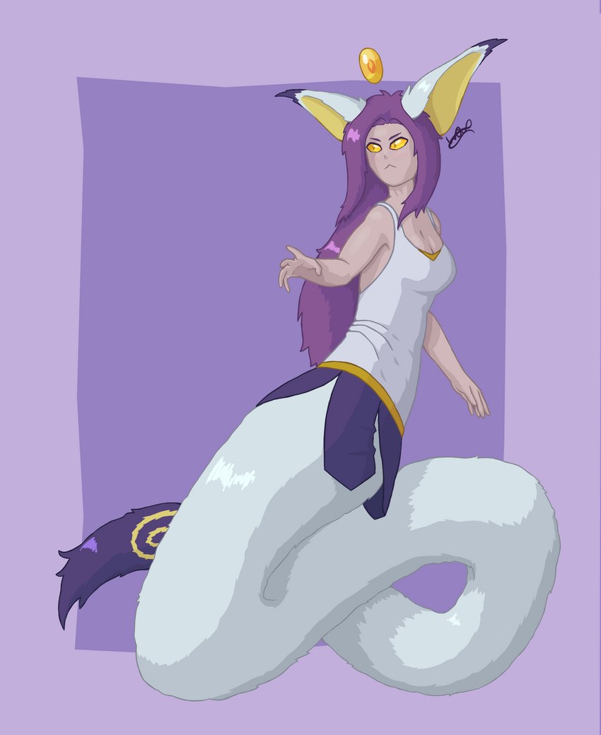 alternate_species breasts clothed clothing dress female fur fur_markings gem hair humanoidized light_body light_skin markings monster_girl_(genre) purple_body purple_fur purple_hair serpentine simple_background solo white_body white_fur yellow_body yellow_eyes yellow_fur warewolf_(artist) kindred_fates skymill_studios felid feline humanoid kinfolk_(species) mammal nyazen cel_shading digital_media_(artwork) full-length_portrait hi_res portrait shaded signature