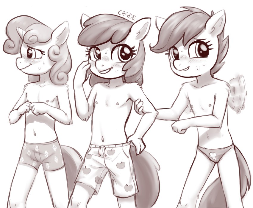 anthro blush blushing_profusely bodily_fluids casual_exposure clothed clothing crossdressing explicit_source female flapping_wings flat_chested group horn nervous nervous_grin nervous_smile nervous_sweat nipples pattern_clothing pattern_swimwear pose speedo standing sweat swimming_trunks swimwear text three-quarter_view topless topless_anthro topless_female trio unicorn_horn wings young young_anthro crade friendship_is_magic hasbro male_swimwear_challenge my_little_pony mythology apple_bloom_(mlp) cutie_mark_crusaders_(mlp) scootaloo_(mlp) sweetie_belle_(mlp) earth_pony equid equine horse mammal mythological_creature mythological_equine pegasus pony unicorn absurd_res artist_name brown_and_white digital_drawing_(artwork) digital_media_(artwork) hi_res monochrome portrait shaded simple_shading sketch three-quarter_portrait warm_colors