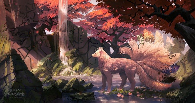 9_tails ambiguous_gender day detailed_background feral forest fur grass multi_tail outside partially_submerged plant quadruped solo standing tail tree water white_body white_fur clockbirds canid canine fox mammal 2019 digital_media_(artwork) hi_res