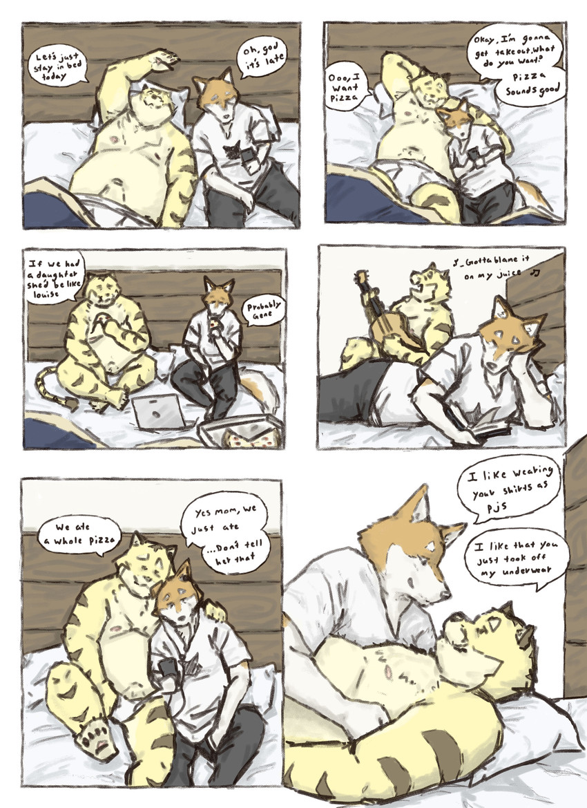 anthro bed belly bottomwear clothing cuddling duo eating food furniture male male/male musical_instrument navel nipples overweight overweight_male pants pillow pizza shirt sitting text topwear underwear professor_fluff canid canine canis domestic_dog felid mammal pantherine tiger 2021 absurd_res comic english_text hi_res