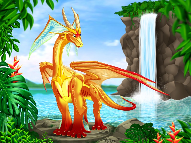 blue_eyes feral horn membrane_(anatomy) membranous_wings quadruped ridged_horn solo standing tail water waterfall wings suzidragonlady mythology dragon mythological_creature mythological_scalie scalie digital_media_(artwork)