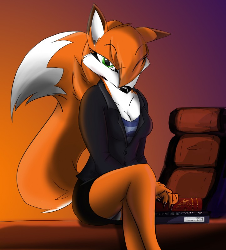 anthro bedroom_eyes biped book bottomwear breasts business business_suit chair cleavage clothed clothing crossed_legs desk female fur furniture green_eyes hair half-closed_eyes narrowed_eyes office orange_body orange_fur ponytail secretary seductive simple_background sitting skirt solo suit table upskirt white_body white_fur corrvo legacy_of_the_phoenix rebecca_cyrus canid canine fox mammal hi_res