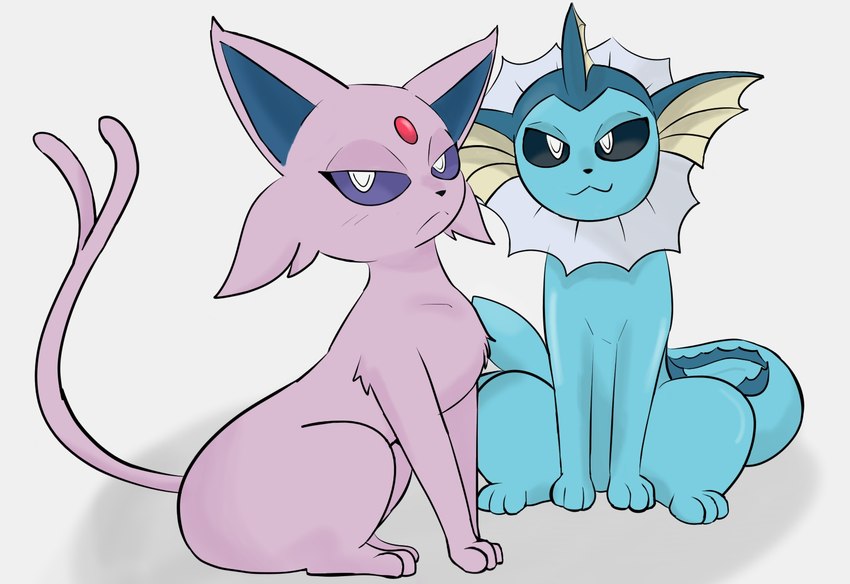 3_toes :3 ambiguous_feral ambiguous_gender black_eyes black_nose blue_body blue_tail duo feet feral fin fish_tail frill_(anatomy) front_view fur head_fin looking_at_viewer membrane_(anatomy) neck_frill paws purple_body purple_eyes purple_fur quadruped serious side_view simple_background sitting tail toes tuft weariness nintendo pokemon eeveelution espeon generation_1_pokemon generation_2_pokemon pokemon_(species) vaporeon
