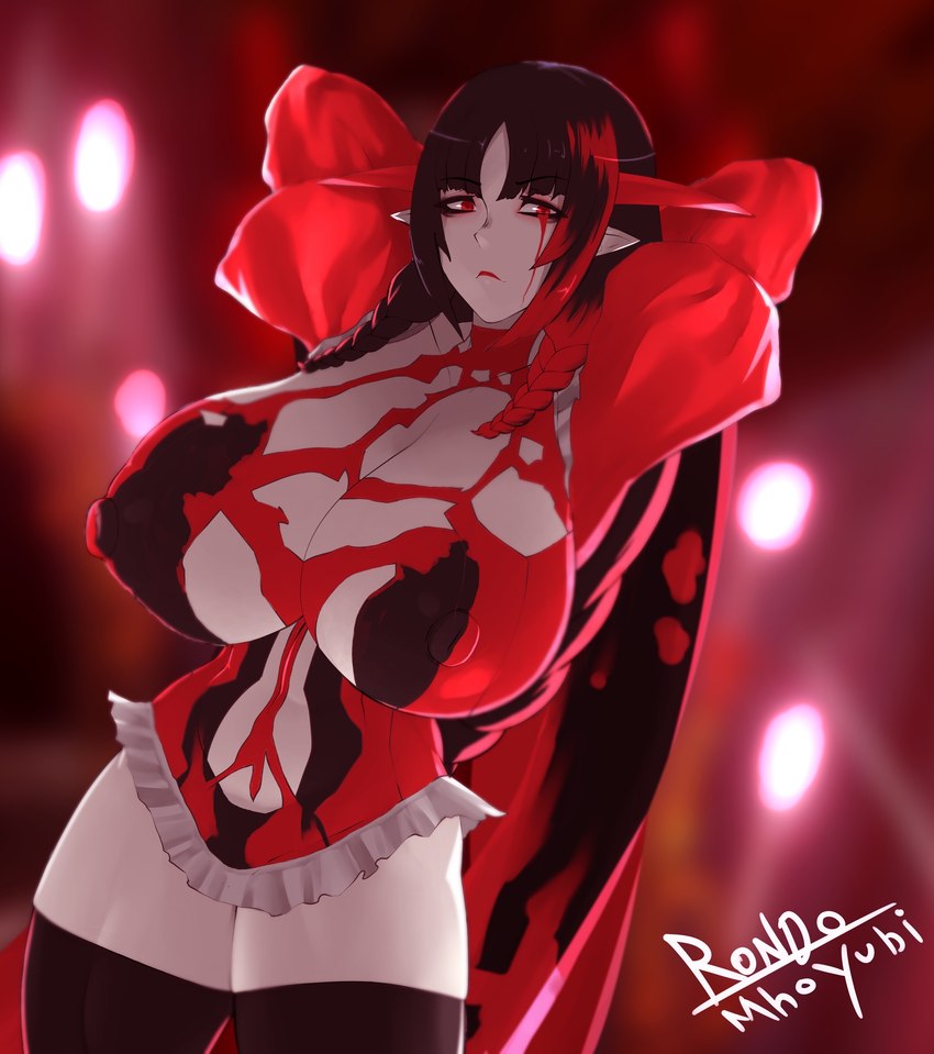 big_breasts black_hair blood blood_from_eye blood_on_face bloody_tears bodily_fluids breasts brown_clothing brown_legwear brown_thigh_highs clothed clothing crying_blood eyelashes female hair hands_behind_head highlights_(coloring) horn huge_breasts humanoid_pointy_ears legwear long_hair looking_at_viewer navel_outline nipple_outline pale_skin pointy_ears red_clothing red_eyes red_highlights red_horn skindentation solo tears thick_thighs thigh_highs wide_hips mhoyubi bloodstained:_ritual_of_the_night bloodless_(bloodstained) horned_humanoid humanoid vampire absurd_res hi_res