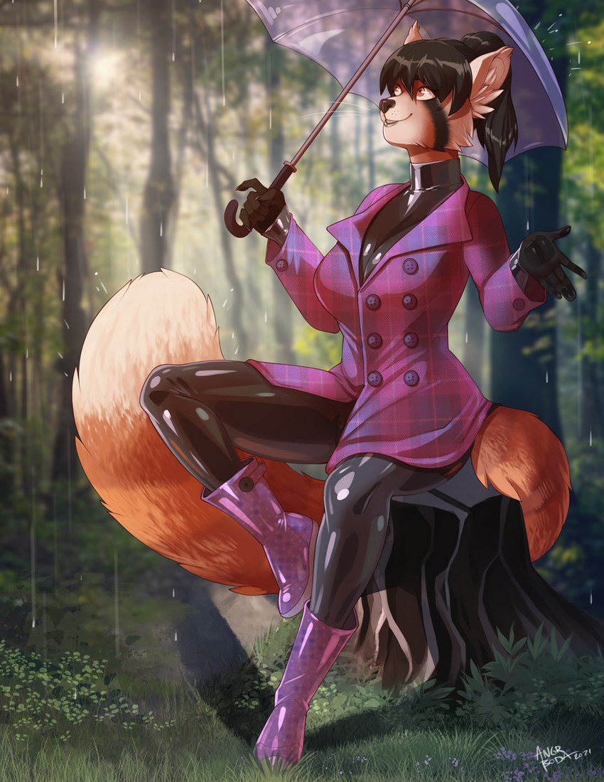 anthro black_hair black_nose boots breasts clothing day female footwear forest glistening glistening_clothing glistening_latex grass hair holding_object holding_umbrella latex looking_up outside photo_background plant ponytail rubber_clothing shoes sitting_on_stump smile solo tree tree_stump umbrella angrboda ailurid mammal red_panda 2021 hi_res photography_(artwork)