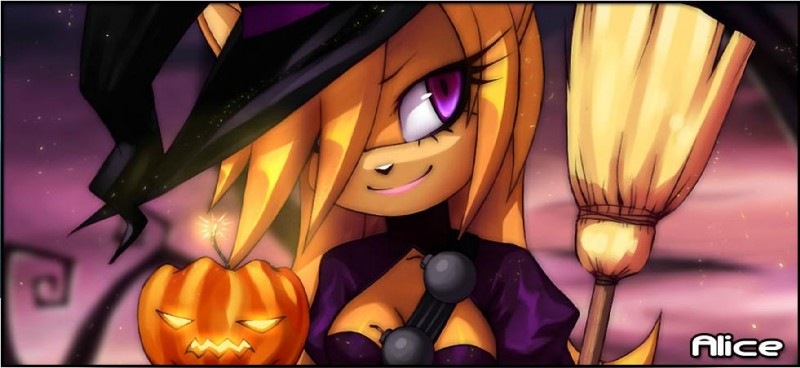 bomb breasts broom cleaning_tool cleavage clothed clothing explosives female food fruit hair hat headgear headwear jack-o'-lantern lipstick magic_user makeup orange_hair pink_eyes plant pumpkin pumpkin_bomb purple_eyes solo tree witch roksanath phantom_spirit_battle_academy wulven_game_studios alice_(wulven_game_studios) felid mammal