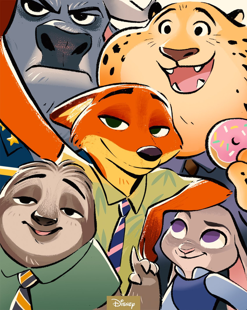 anthro black_spots clothed clothing countershading dessert doughnut food fur grey_body grey_fur group looking_at_viewer markings necktie orange_body orange_fur pastry shirt smile spots spotted_body spotted_fur topwear yellow_body yellow_fur unknown_artist disney zootopia benjamin_clawhauser chief_bogo flash_slothmore judy_hopps nick_wilde bovid bovine canid canine cape_buffalo cheetah felid feline fox lagomorph leporid mammal pilosan rabbit red_fox sloth three-toed_sloth true_fox xenarthran 2021 4:5 hi_res official_art