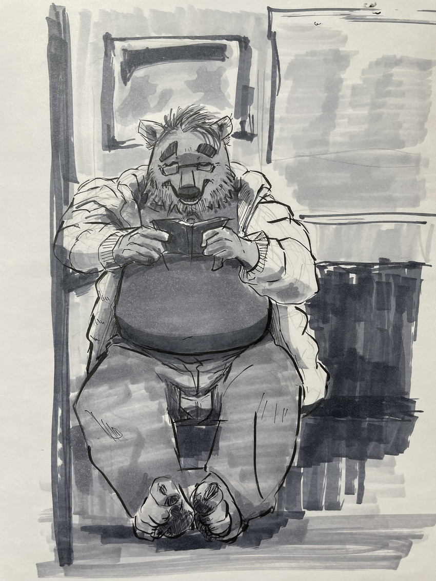 anthro belly book bottomwear clothing eyes_closed eyewear feet glasses kemono male overweight overweight_male pants reading shirt sitting solo topwear natunokemono bear mammal 2026 3:4 hi_res