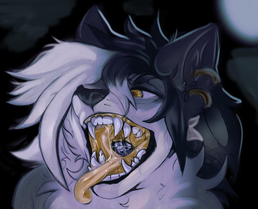 ambiguous_gender ambiguous_prey anthro anthro_pred anthro_prey black_body black_ears black_fur black_hair black_inner_ear black_lips black_nose duo ear_piercing ear_ring fangs feet_first fluffy front_view fully_inside fur gaping_mouth hair hair_over_eye head_in_mouth in_throat larger_anthro larger_male larger_pred lips male male_anthro male_pred micro micro_abuse mouth_shot multicolored_body multicolored_fur multicolored_hair nude open_mouth oral_vore piercing pupils ring_piercing size_difference smaller_ambiguous smaller_anthro smaller_prey soft_vore teeth tongue tongue_out two_tone_body two_tone_fur two_tone_hair vore white_body white_fur white_hair yellow_eyes yellow_insides yellow_tongue kelova canid canine canis mammal wolf colored digital_media_(artwork) headshot_portrait hi_res portrait shaded