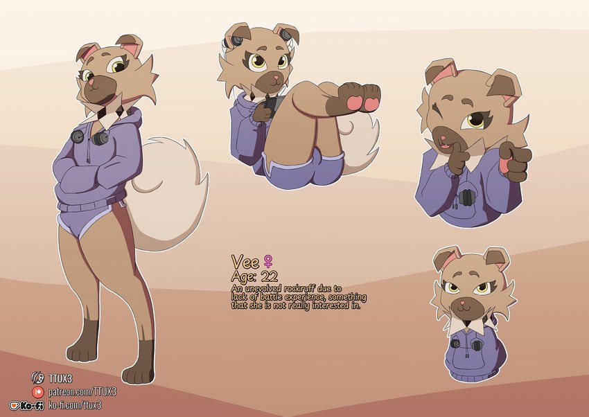 anthro bottomwear clothing electronics female headphones hoodie shorts solo topwear yellow_eyes ttux3 boy_kisser_(meme) nintendo pokemon vee_(ttux3) generation_7_pokemon pokemon_(species) rockruff meme