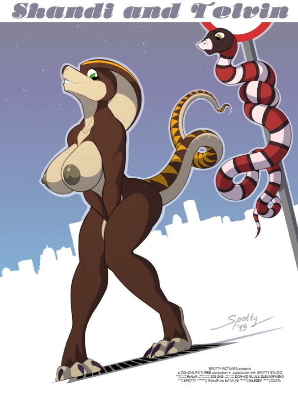 amber_eyes anthro areola big_breasts breasts duo female green_eyes male nipples non-mammal_breasts non-mammal_nipples nude pose tail text spotty_the_cheetah shandi telvin cobra colubrid kingsnake lampropeltini milk_snake reptile scalie snake 2019 english_text hi_res