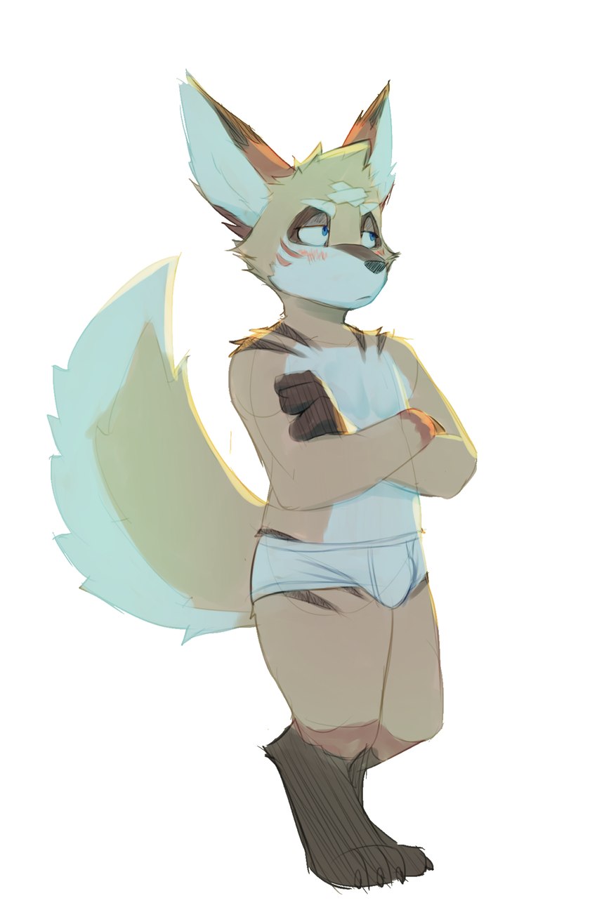 anthro big_ears blue_eyes blush briefs brown_body brown_fur clothing crossed_arms digitigrade fur gloves_(marking) leg_markings male markings pink_body pink_fur short_stack socks_(marking) solo tan_body tan_fur tighty_whities underwear white_body white_briefs white_clothing white_fur white_underwear sonninng03 anothereidos_of_dragon_vein_r amorey canid canine fox japanese_kobold kobold mammal scalie absurd_res hi_res