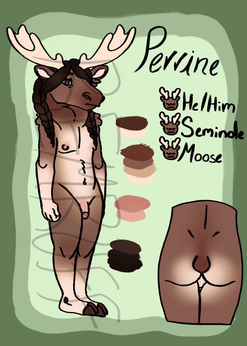 anthro antlers braided braided_hair braided_pigtails brown_body brown_fur butt cloven_hooves ears_up fingers fur genitals hair hooves horn looking_at_viewer male moose_antlers multicolored_body multicolored_fur neck_tuft nipples nub_tail nude nude_anthro nude_male penis pink_nipples pink_penis solo standing tuft white_body white_fur remruff hayfield_fledglings yaelokre perrine_(hayfield_fledglings) perrine_(yaelokre) deer mammal moose new_world_deer hi_res