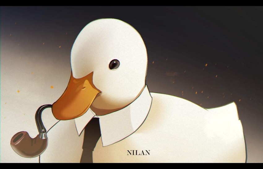 beak black_bars black_eyes black_necktie clothed clothing feathers feral mafia necktie pipe simple_background smoking_pipe suit text white_body white_feathers nilan_1999 anatid anseriform avian bird duck 2022 digital_media_(artwork) english_text letterbox signature