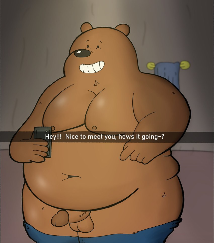 balls belly big_belly brown_body cellphone electronics erection genitals humanoid_genitalia humanoid_hands humanoid_penis inside male moobs navel nipples obese obese_male overweight overweight_male penis phone smartphone solo text sebboh cartoon_network we_bare_bears grizzly_(we_bare_bears) bear brown_bear grizzly_bear mammal ursine 2022 english_text hi_res