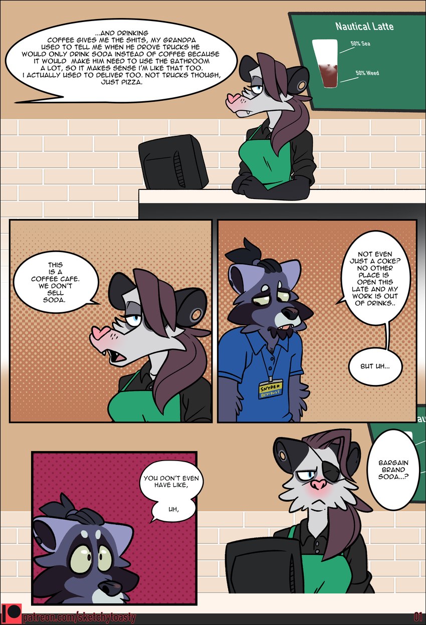 anthro clothed clothing dialogue duo eye_patch eyewear female fur hair male male/female nervous open_mouth text sketchytoasty lucie_(sketchytoasty) snyder_(sketchytoasty) american_opossum mammal marsupial procyonid raccoon absurd_res comic digital_media_(artwork) english_text hi_res