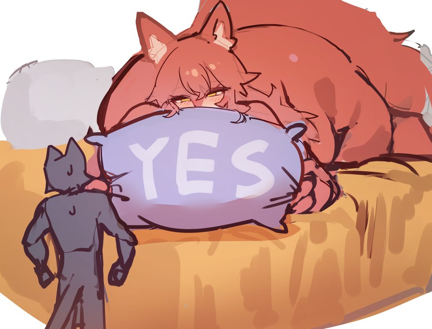 anthro bed bedroom_eyes big_butt biped blush bodily_fluids butt duo female fur furniture huge_butt larger_female lying male narrowed_eyes nude on_bed on_front orange_body orange_fur pillow seductive simple_background size_difference smaller_male sweat white_background wide_hips yellow_eyes yes-no_pillow yes_pillow utterangle unnamed_cat_(utterangle) unnamed_fox_(utterangle) canid canine domestic_cat felid feline felis fox mammal meme