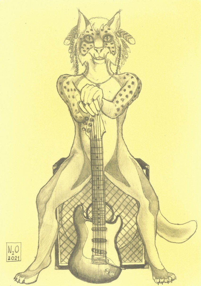 amplifier anthro ear_piercing ear_ring female fur guitar looking_at_viewer markings musical_instrument nude piercing plucked_string_instrument ring_piercing simple_background sitting solo speaker spots spotted_body spotted_fur string_instrument n2o felid mammal 2021 hi_res signature