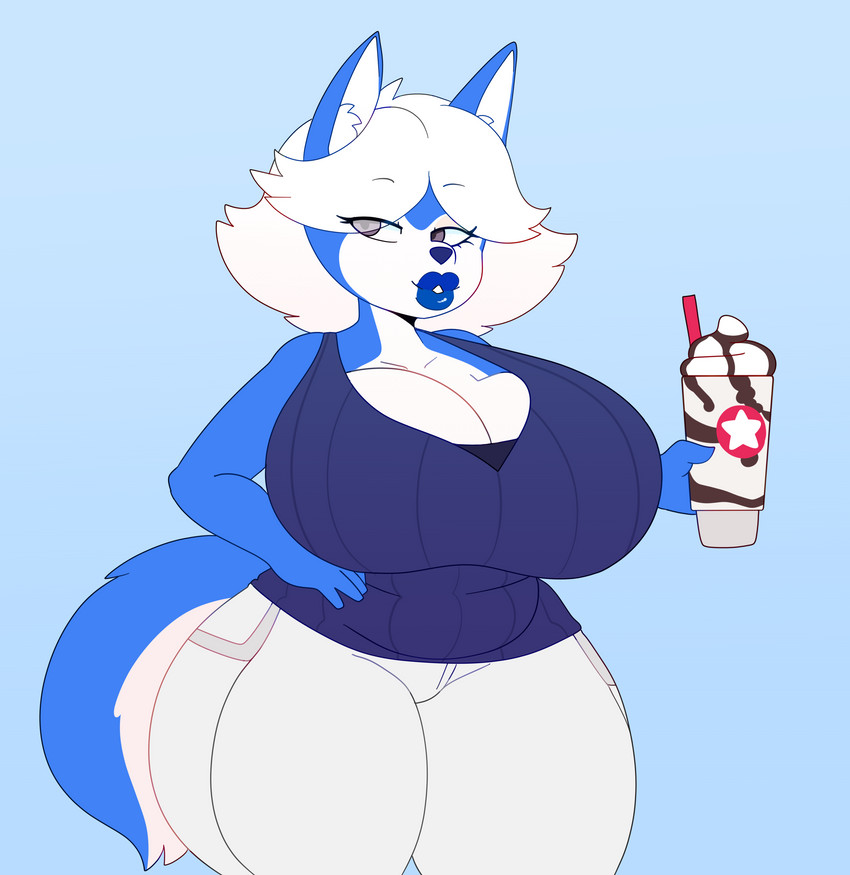 5_fingers anthro beverage big_breasts big_butt blue_body blue_clothing blue_fur blue_lips blue_nose blue_shirt blue_topwear bottomwear breasts butt cleavage clothed clothing coffee curvy_figure eyebrow_through_hair eyebrows female fingers frappe fur grey_eyes hair hourglass_figure hyper knee_up lips looking_aside pants shirt slightly_chubby solo standing tail_down thick_lips thick_thighs topwear translucent translucent_hair white_body white_bottomwear white_clothing white_fur white_hair white_pants wide_hips somescrub darbo canid canine canis domestic_dog husky mammal nordic_sled_dog spitz absurd_res digital_drawing_(artwork) digital_media_(artwork) hi_res