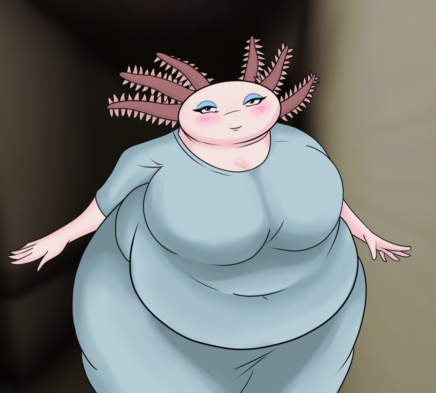 anthro big_breasts black_eyes blue_bottomwear blue_clothing blue_eyeshadow blue_topwear blush blush_lines bottomwear breasts cleavage clothed clothing eyelashes eyeshadow female front_view gown hospital_room huge_breasts looking_at_viewer makeup navel_outline obese overweight overweight_female pink_body smile solo thick_thighs topwear wide_hips vasedraws the_vermander_curse zed_technician_games tammy_giles_(tvc) amphibian axolotl marine mole_salamander salamander hi_res