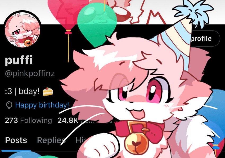 ambiguous_gender bell bell_collar birthday collar fur happy_birthday open_mouth open_smile pink_body pink_fur screencap screencap_background smile solo text pinkpoffinz facebook twitter puffi_(pinkpoffinz) canid canine domestic_cat felid feline felis fox hybrid mammal english_text