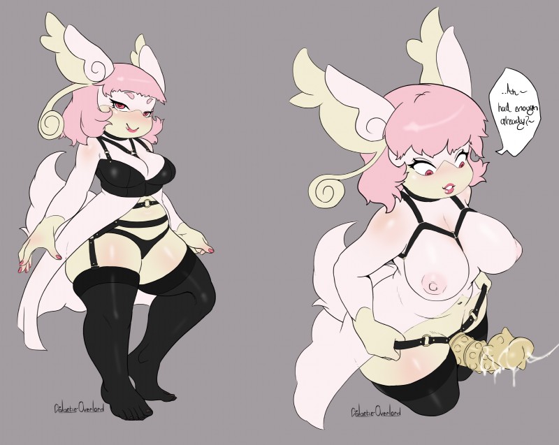 anthro breasts clothing dildo female garter_belt garter_straps legwear sex_toy simple_background solo stockings strapon galactic-overlord nintendo pokemon generation_6_pokemon mega_audino mega_evolution pokemon_(species) absurd_res hi_res