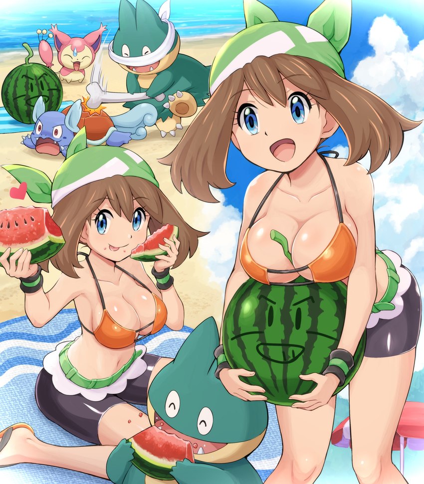 aged_up beach big_breasts blue_body blue_eyes bodily_fluids bone breasts brown_hair eating female food fruit group hair human_focus kerchief melon pink_body plant seaside sweat sweatdrop water watermelon pokemoa nintendo pokemon may_(pokemon) domestic_cat felid feline felis generation_1_pokemon generation_3_pokemon generation_4_pokemon human mammal munchlax pokemon_(species) reptile scalie skitty turtle wartortle absurd_res hi_res