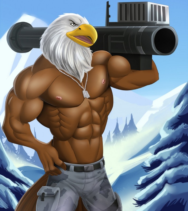 abs anthro bag beak belt biceps bottomwear camo clothed clothing detailed_background dog_tags fim-92_stinger for_a_head jewelry male military missile_launcher mountain muscular muscular_anthro muscular_male navel necklace nipples open_mouth pants pecs plant ranged_weapon rocket_launcher serratus snow solo topless topless_male tree weapon marsel-defender accipitrid accipitriform animal_head animal_humanoid avian bald_eagle bird eagle humanoid sea_eagle 2017 digital_media_(artwork) hi_res