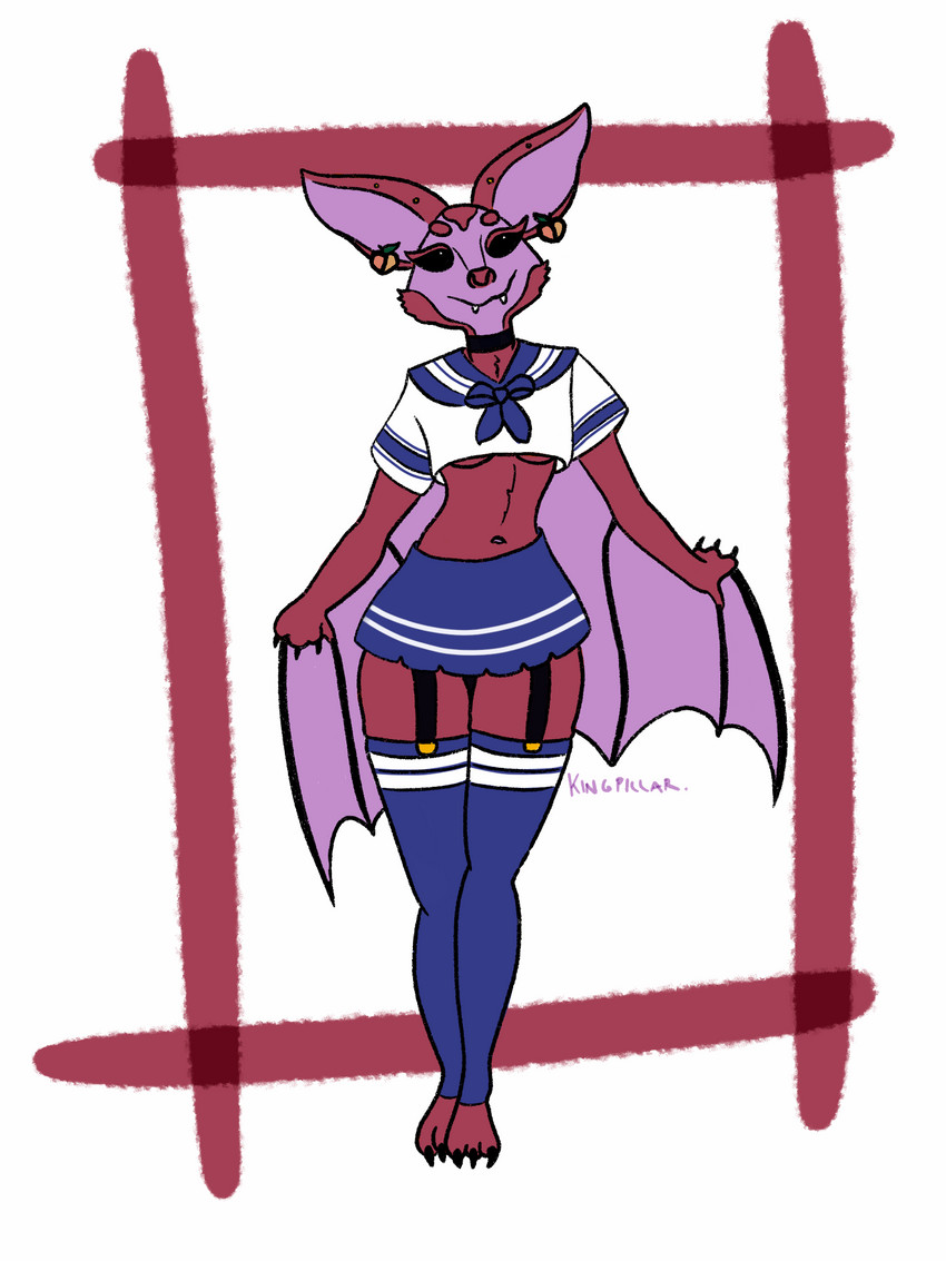 ambiguous_gender anthro black_eyes claws clothing ear_piercing ear_ring female fur garter_straps lingerie piercing pink_body pink_fur purple_body purple_fur ring_piercing school_uniform solo uniform wings kingpillar bat mammal megabat peach_(disambiguation) 3:4 hi_res