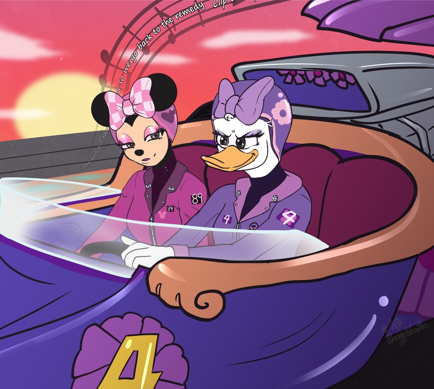 anthro determined driving duo female female/female focused listening_to_music lyrics race_car racecar racer racing_gear racing_helmet racing_uniform rock_(genre) romantic romantic_couple romantic_stare snapdragon_(racecar) sunset azzieworks honeyvanilla alternative_rock disney disney_junior grunge_(genre) mickey_mouse's_mixed-up_adventures mickey_mouse_clubhouse mickey_mouse_funhouse mickey_mouse_roadster_racers minnie's_bow-toons seether_(band) daisy_duck minnie_mouse anatid anseriform avian bird duck mammal mouse murid murine rodent hi_res