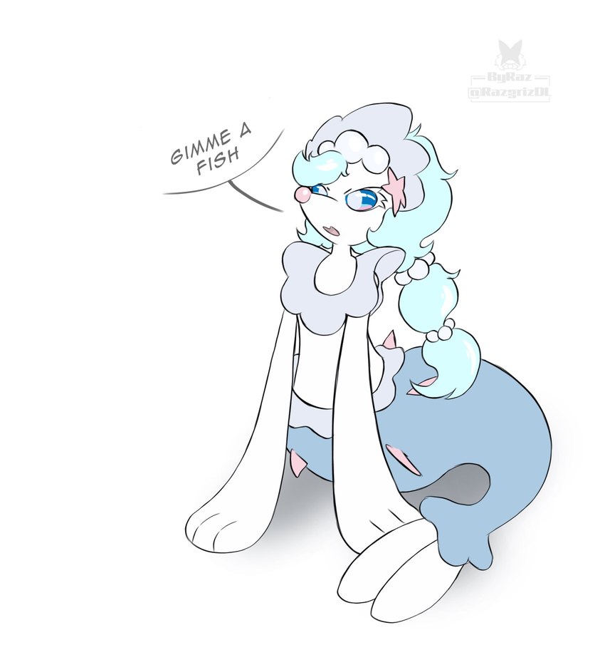 ambiguous_gender anthro blue_eyes blue_hair eyelashes feral gem hair open_mouth pearl_(gem) simple_background solo starfish_(accessory) text white_body razgrizdl nintendo pokemon asterozoan echinoderm generation_7_pokemon marine pokemon_(species) primarina starfish 2024 english_text hi_res signature