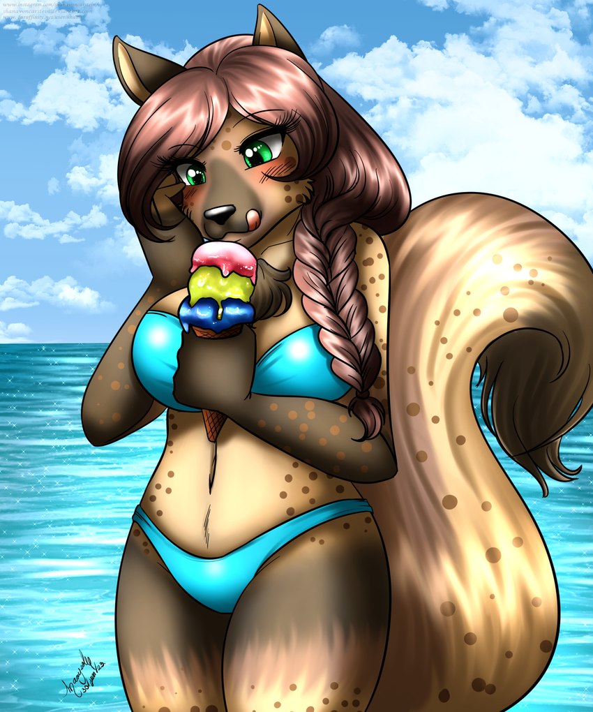 5_fingers anthro beach bikini bikini_bottom bikini_top black_nose breasts brown_body brown_fur brown_hair chest_tuft clothed clothing dessert female fingers food fur hair humanoid_hands ice_cream lgbt_pride licking licking_lips markings navel outside pansexual_pride_colors pride_color_food pride_colors sand seaside smile solo sorbet spots spotted_body spotted_fur swimwear tongue tongue_out tuft two-piece_swimsuit shana dreaj1 oria_corduroy hyena mammal spotted_hyena 2023 5:6 hi_res