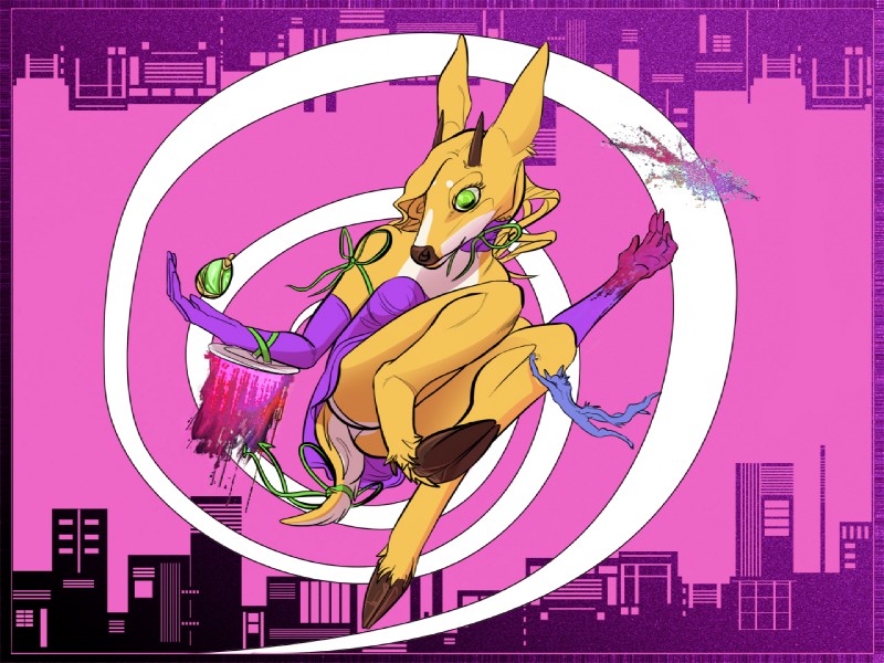 abstract_background ambiguous_gender anthro city fur green_eyes hooves horn magical_girl_outfit ribbons simple_background solo soul_gem yellow_body yellow_fur deerpuff ohohflamethrower puella_magi puella_magi_madoka_magica skrinkle deer mammal 4:3