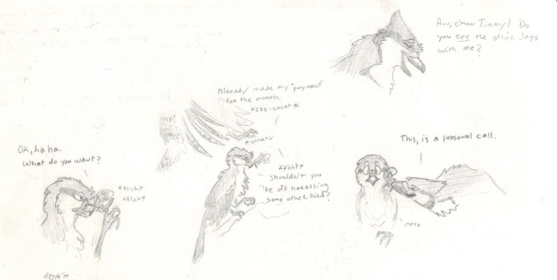 ambiguous_gender dialogue duo feathers feral grin smile text windpaw evan_(windpaw) timothy_(windpaw) avian bird blue_jay corvid jay_(bird) new_world_jay oscine passerine shrike comic english_text monochrome traditional_media_(artwork)