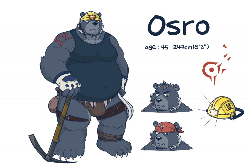 anthro armor belly bulge clothing cute_fangs fangs hard_hat headgear helmet male overweight overweight_anthro overweight_male scar shirt simple_background solo teeth topwear mtflying30371 bear mammal 2020 3:2 hi_res