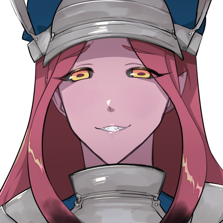 armor black_sclera blue_clothing blue_hat blue_headwear clothed_female clothed_humanoid clothing eye_through_hair eyebrow_through_hair eyebrows eyelashes eyelashes_through_hair female hair hat headgear headwear humanoid_pointy_ears light long_hair looking_at_viewer not_furry pointy_ears red_eyebrows red_hair sharp_teeth simple_background smile smiling_at_viewer solo teeth toothy_grin translucent translucent_hair white_background yellow_eyes duokhay humanoid 1:1 2020 bust_portrait colored digital_drawing_(artwork) digital_media_(artwork) hi_res lighting portrait shaded