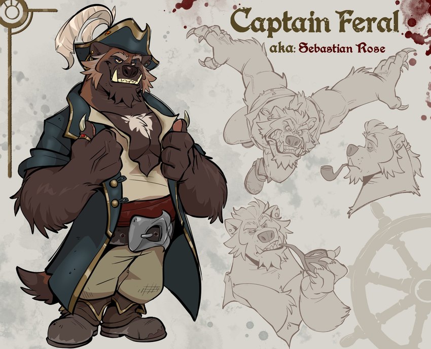 action_pose angry anthro body_hair boots brown_body brown_fur chest_hair clothed clothing digit_ring ear_piercing expressions facial_hair facial_tuft finger_ring footwear fully_clothed fur gauged_ear grin hat headgear headwear jewelry male manly peaked_cap pecs piercing pirate pirate_hat pose shoes sideburns smile smoking_pipe solo text tuft tusks underbite dead_stray_bear captain_feral gulonine mammal mustelid musteline wolverine bust_portrait character_name digital_media_(artwork) english_text full-length_portrait hi_res model_sheet multiple_images portrait