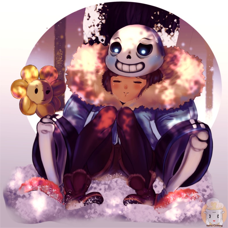 bone flower group not_furry plant sitting skeleton snow trio home-cooking undertale undertale_(series) frisk_(undertale) sans_(undertale) animated_skeleton human mammal undead 1:1 hi_res