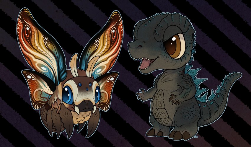 ambiguous_gender antennae_(anatomy) anthro chibi duo feral insect_wings lepidopteran_wings style_emulation toony wings shon2 godzilla_(series) hasbro littlest_pet_shop monsterverse mothra_(series) toho godzilla mothra arthropod insect kaiju lepidopteran moth scalie hi_res