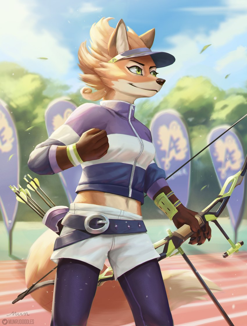 anthro archer archery arrow_(weapon) bottomwear bow_(weapon) clothing cloud female fur hat headgear headwear holding_object holding_weapon midriff outside quiver_(object) ranged_weapon shorts sky smile solo sport text track_and_field twitter_handle twitter_logo visor_cap weapon munrudoodles dungeons_of_aether lovers_of_aether rivals_of_aether twitter fleet_(dungeons_of_aether) canid canine fox mammal 2021 absurd_res artist_name hi_res