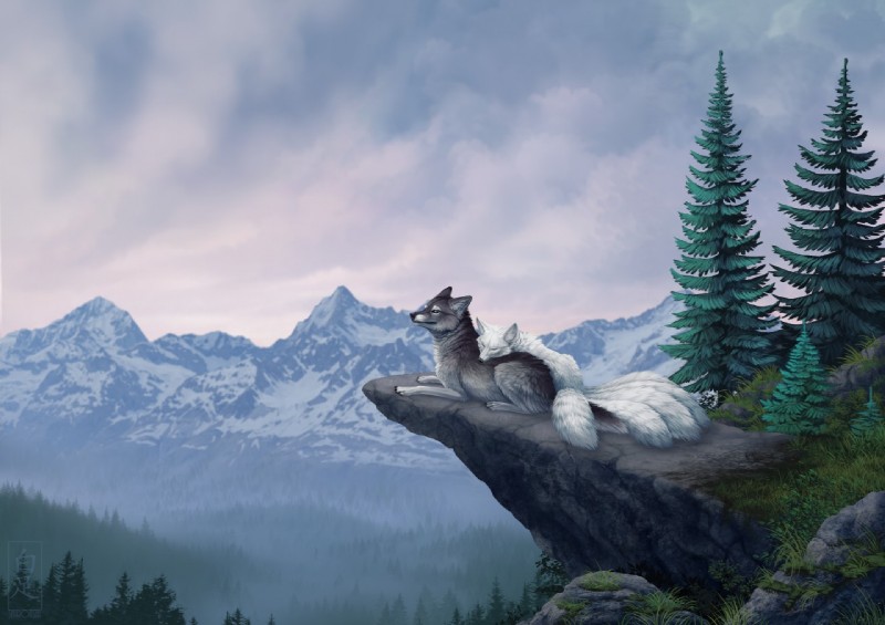 ambiguous_gender black_body black_fur cliff cloud day detailed_background duo eyes_closed feral fog forest fur grass lying mountain multi_tail nature on_front outside plant rock snow tail tree white_body white_fur shiroashi canid canine canis fox mammal wolf 2017 detailed digital_media_(artwork) signature