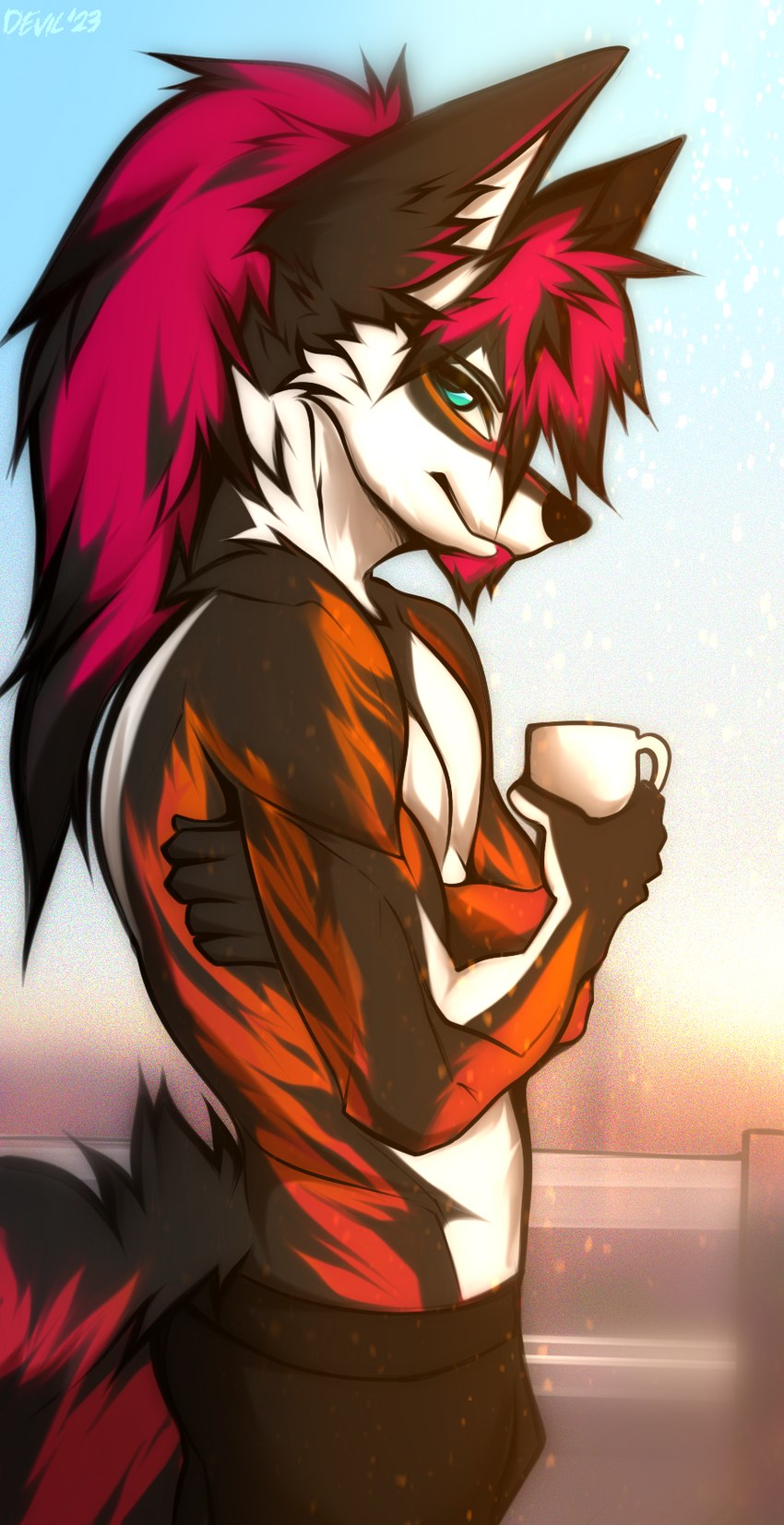 anthro coffee_mug facial_hair femboy goatee hair male red_hair solo devilmilk kira_kathell psychofuchs canid canine fox hybrid mammal hi_res