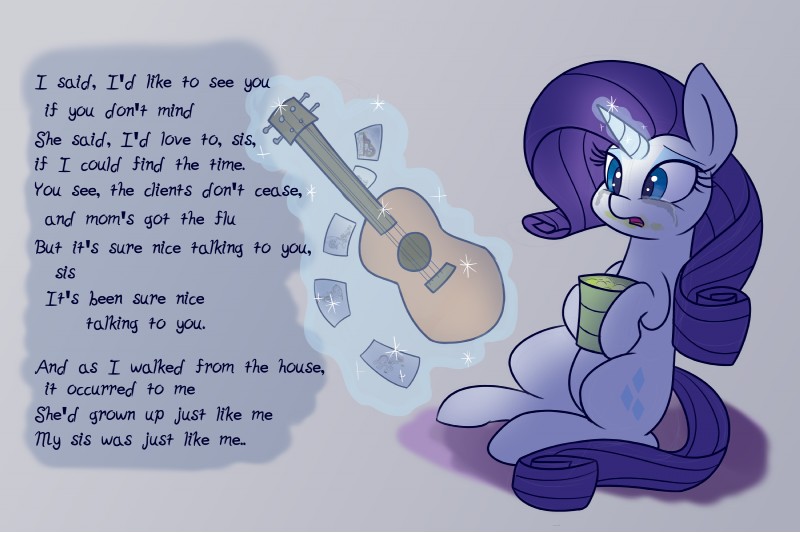 blue_eyes bodily_fluids crying cutie_mark female feral guitar hair horn lyrics magic musical_instrument plucked_string_instrument purple_hair solo string_instrument tears text heir-of-rick cat's_in_the_cradle friendship_is_magic harry_chapin hasbro my_little_pony mythology rarity_(mlp) sweetie_belle_(mlp) equid equine mammal mythological_creature mythological_equine unicorn 2017 3:2 english_text hi_res