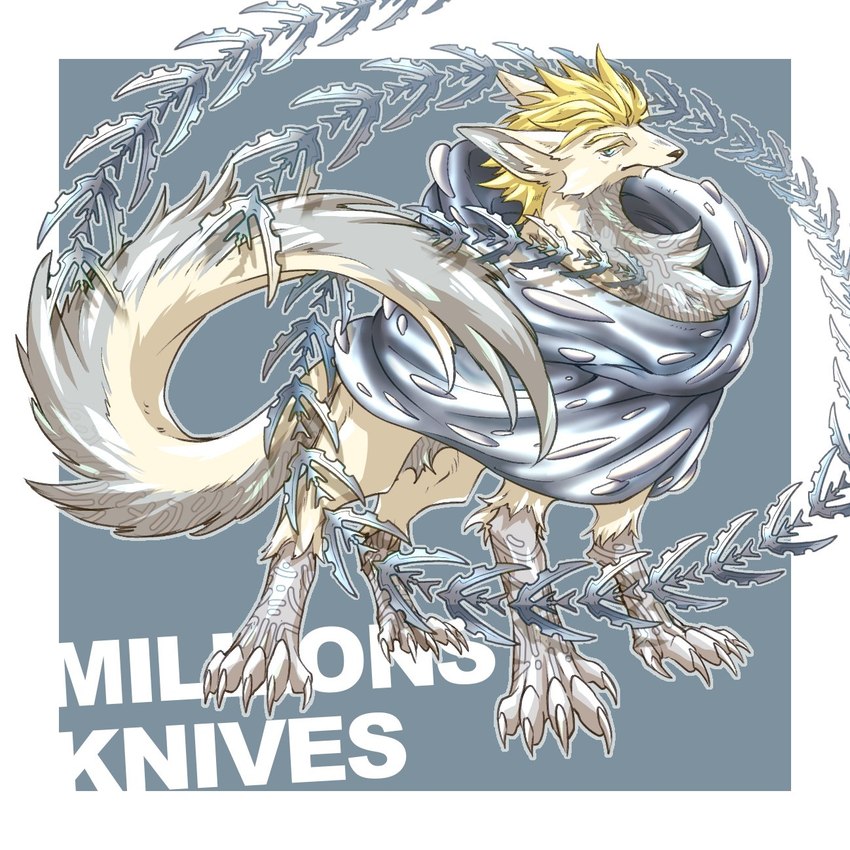 alternate_species blonde_hair blue_eyes claws cloak clothing fur grey_body grey_fur hair inner_ear_fluff male simple_background solo tan_body tan_fur tuft trash_boxxxxx trigun trigun_stampede millions_knives canid canine canis mammal 1:1 hi_res